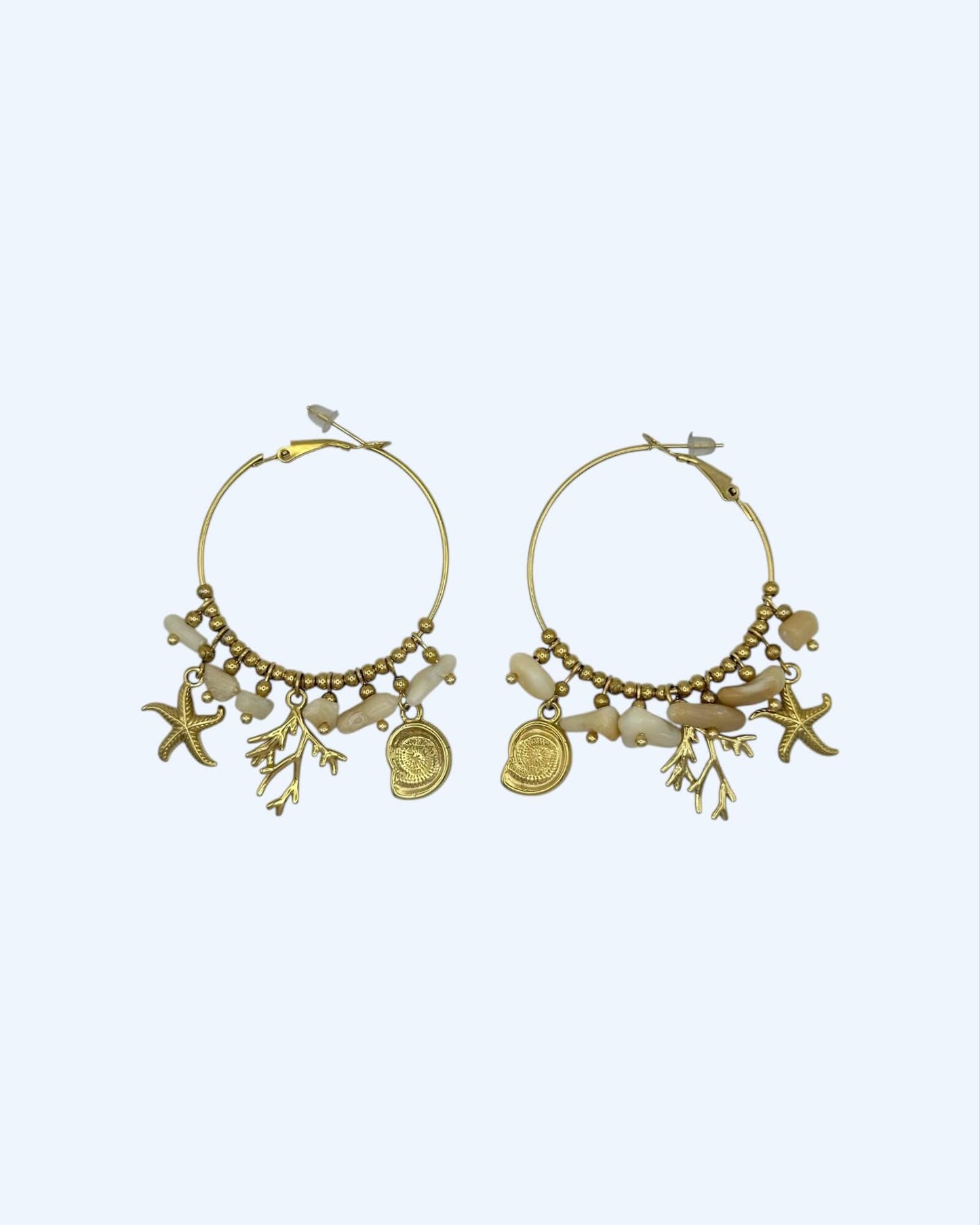 GOLD HOOP EARRINGS IN STEEL WITH CORAL DETAILS AND PENDANTS