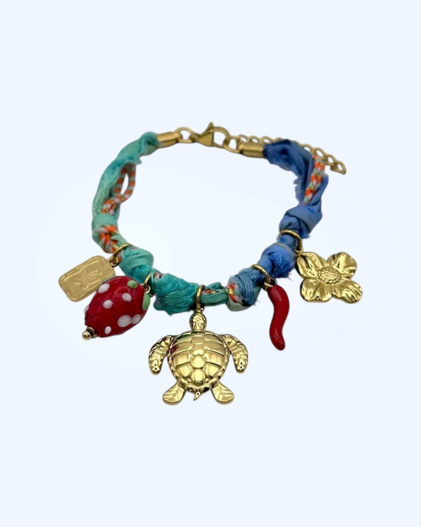 PULSEIRA BOHO COM TARTARUGA, FLOR E MORANGO EM AÇO