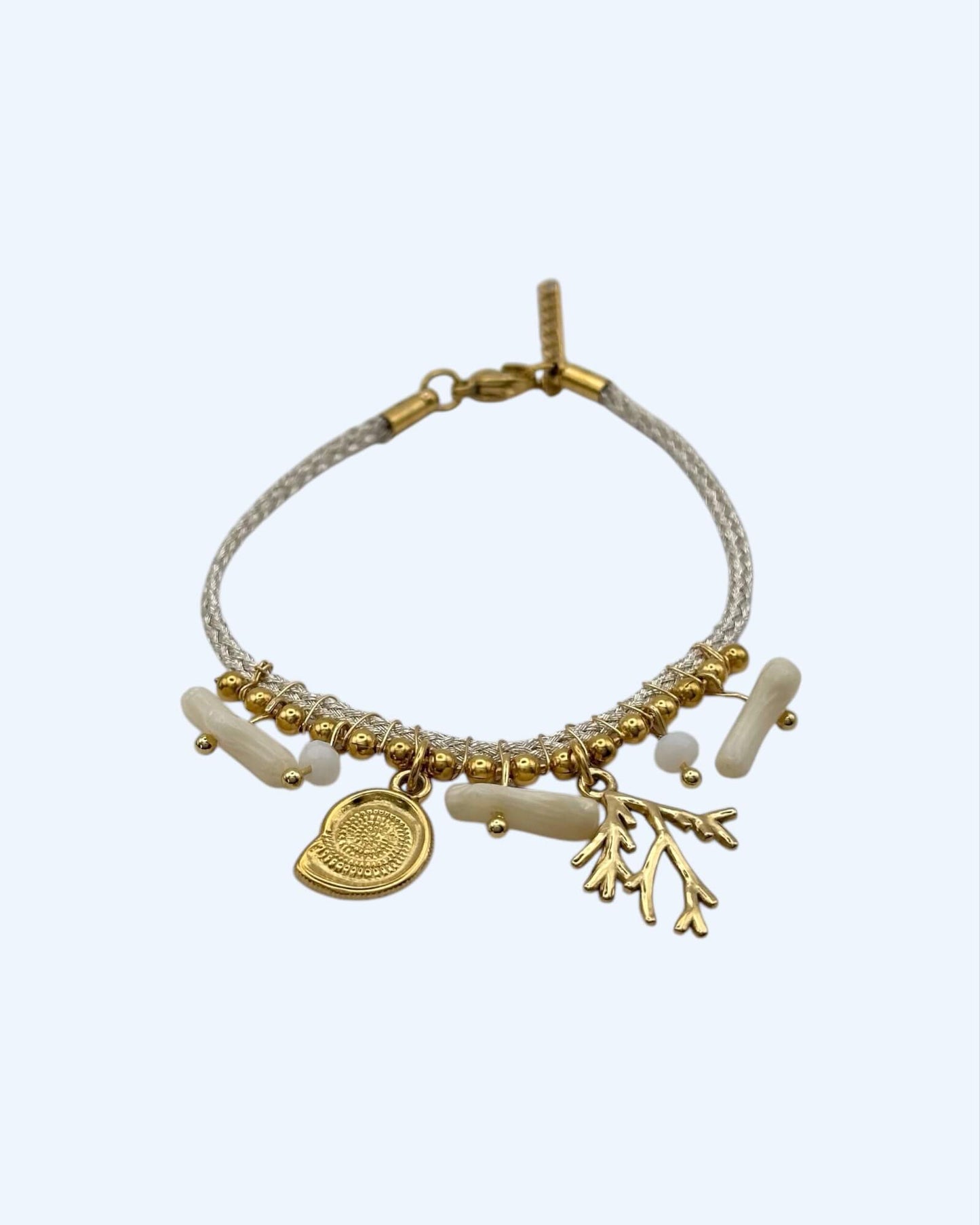 PULSEIRA COM CORDÃO METALIZADO E PENDENTES CORAL EM AÇO