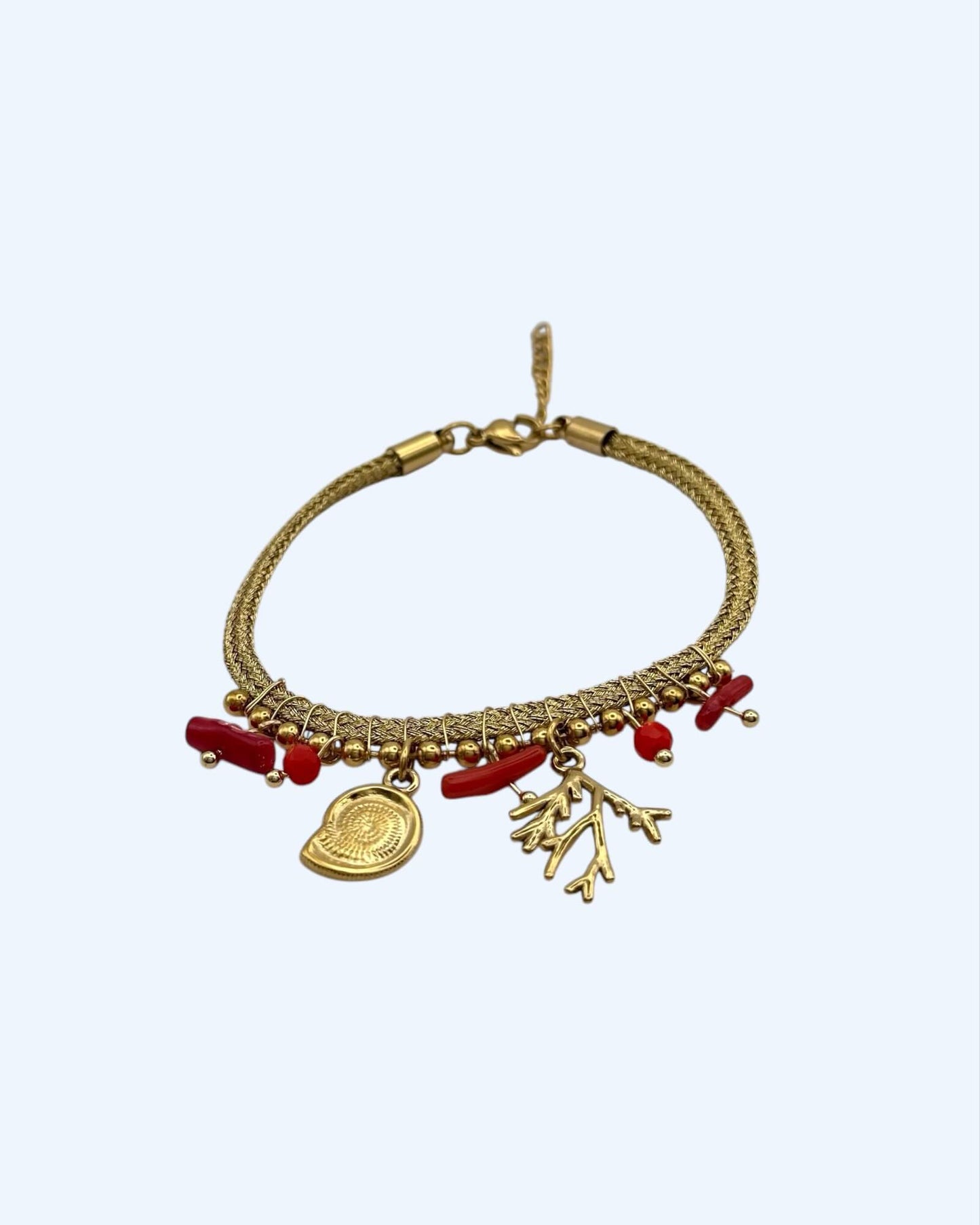 PULSEIRA COM CORDÃO METALIZADO E PENDENTES CORAL EM AÇO