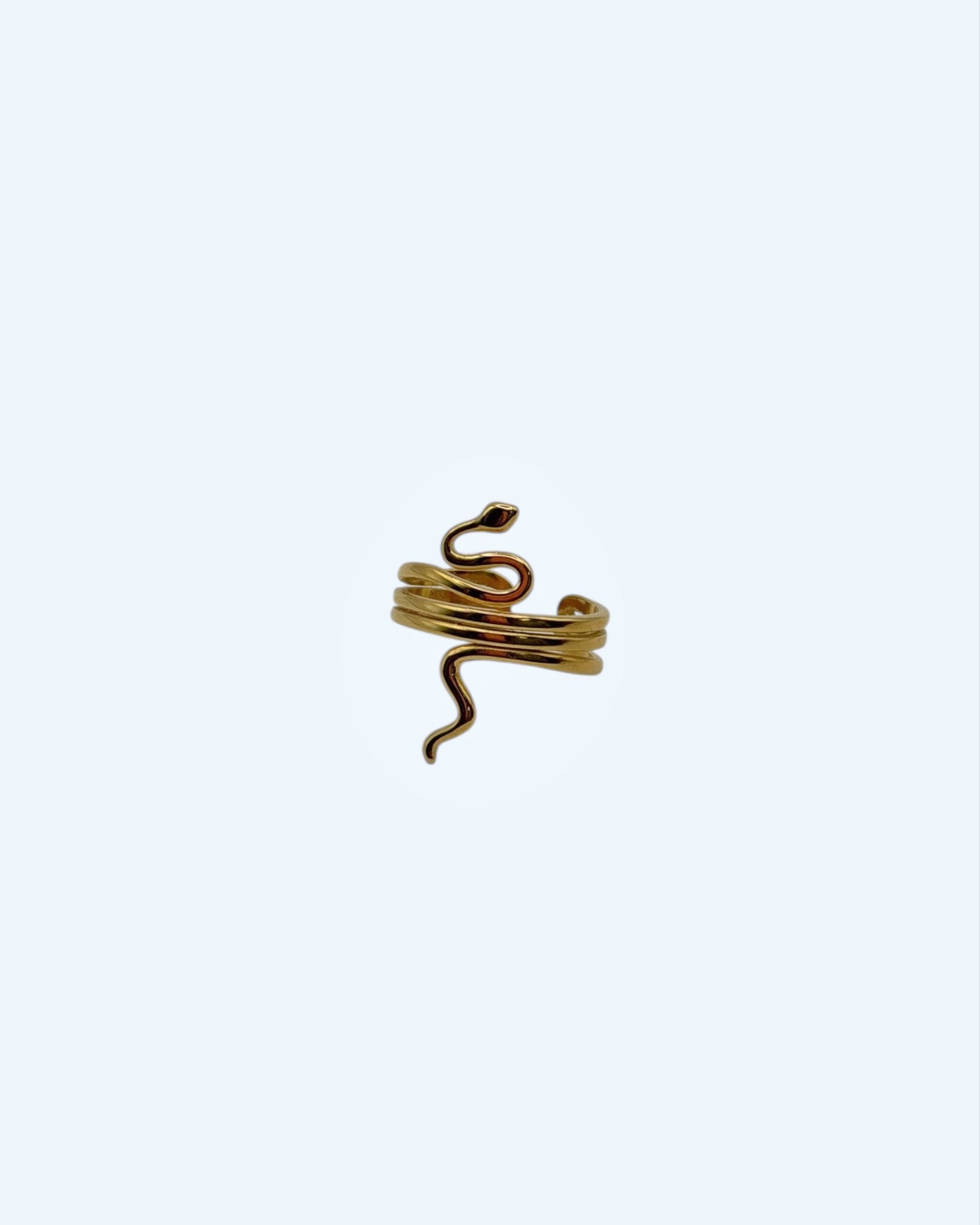Anel dourado com serpente coroada em aço inoxidável e ajustável. Vista lateral.