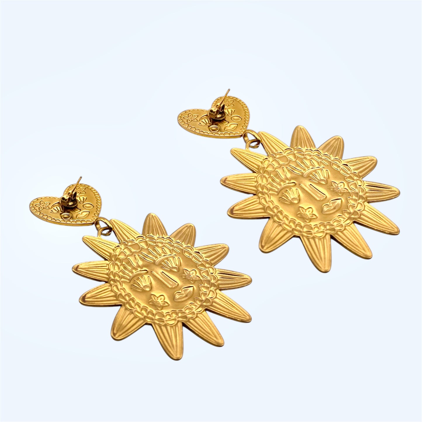 LARGE GOLD-PLATED BOHO SUN AND HEART EARRINGS