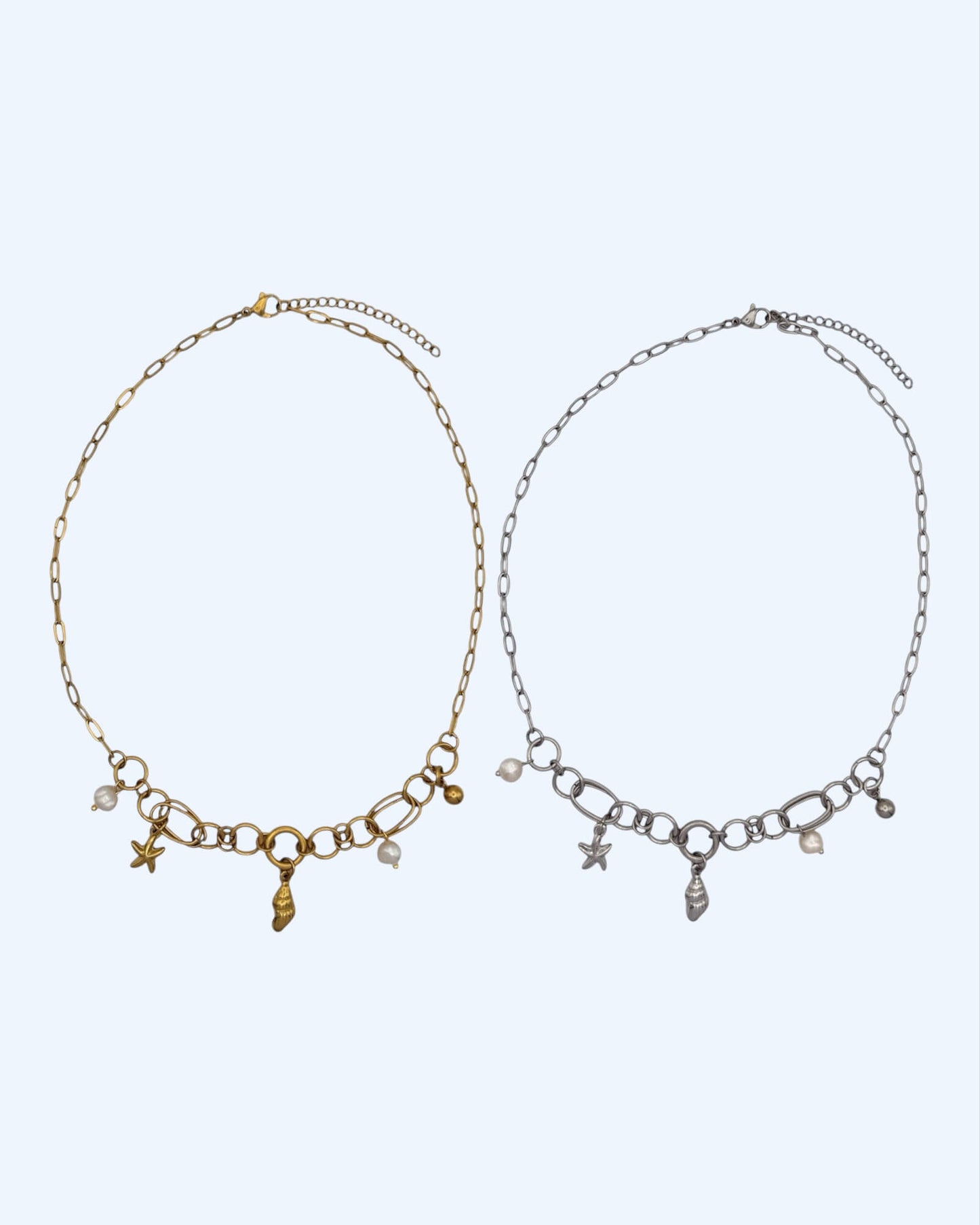 COLAR EM AÇO COM BÚZIO, PÉROLAS E ESTRELAS-DO-MAR