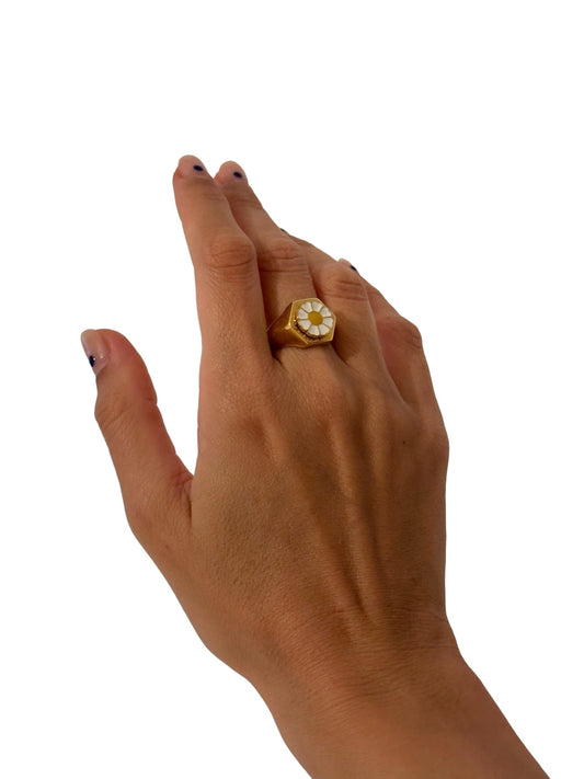 ANEL BRASÃO FLOR MARGARIDA EM AÇO INOXIDÁVEL