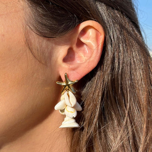 STARFISH STAINLESS STEEL EARRINGS WITH NATURAL COWRIE SHELLS