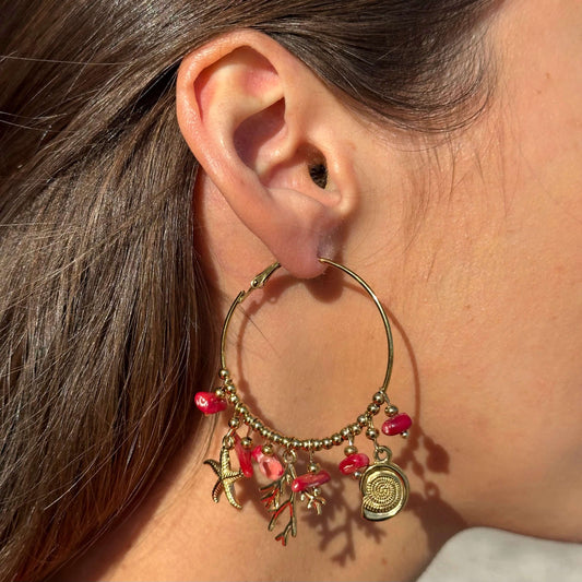 GOLD HOOP EARRINGS IN STEEL WITH RED CORAL DETAILS AND PENDANTS