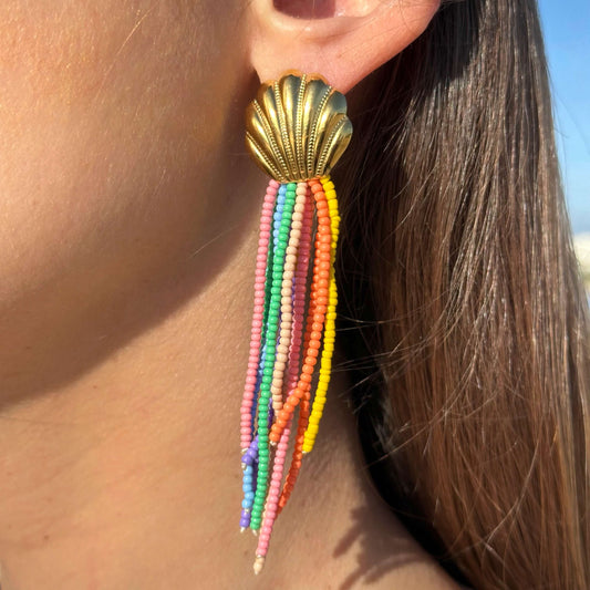 GOLDEN SHELL STAINLESS STEEL EARRINGS WITH COLOURED FRINGES