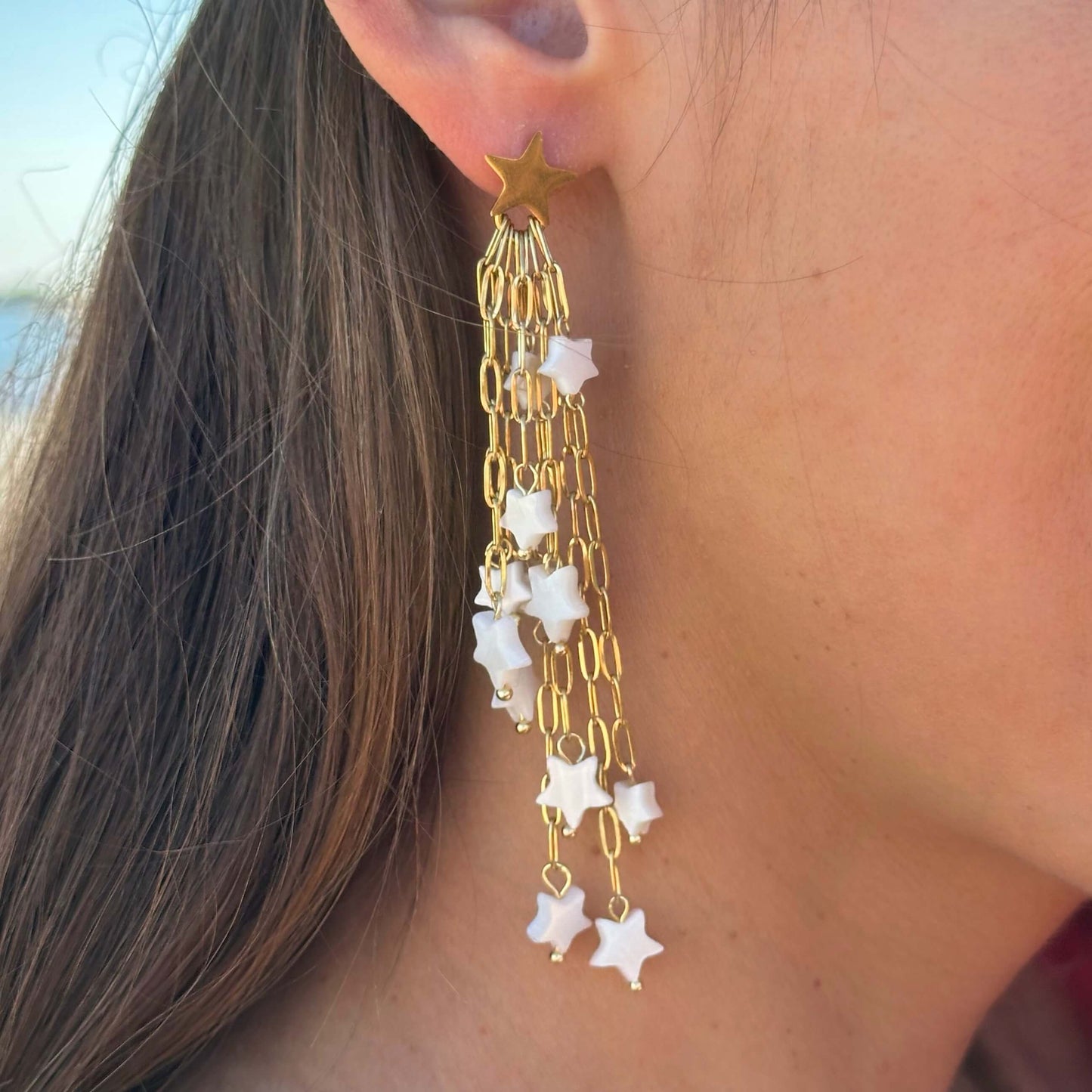PENDIENTES LARGOS DE ACERO CON CADENAS Y ESTRELLAS