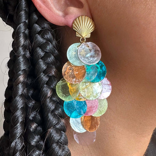 GOLD STEEL EARRINGS WITH SHELL AND SCALE WATERFALL