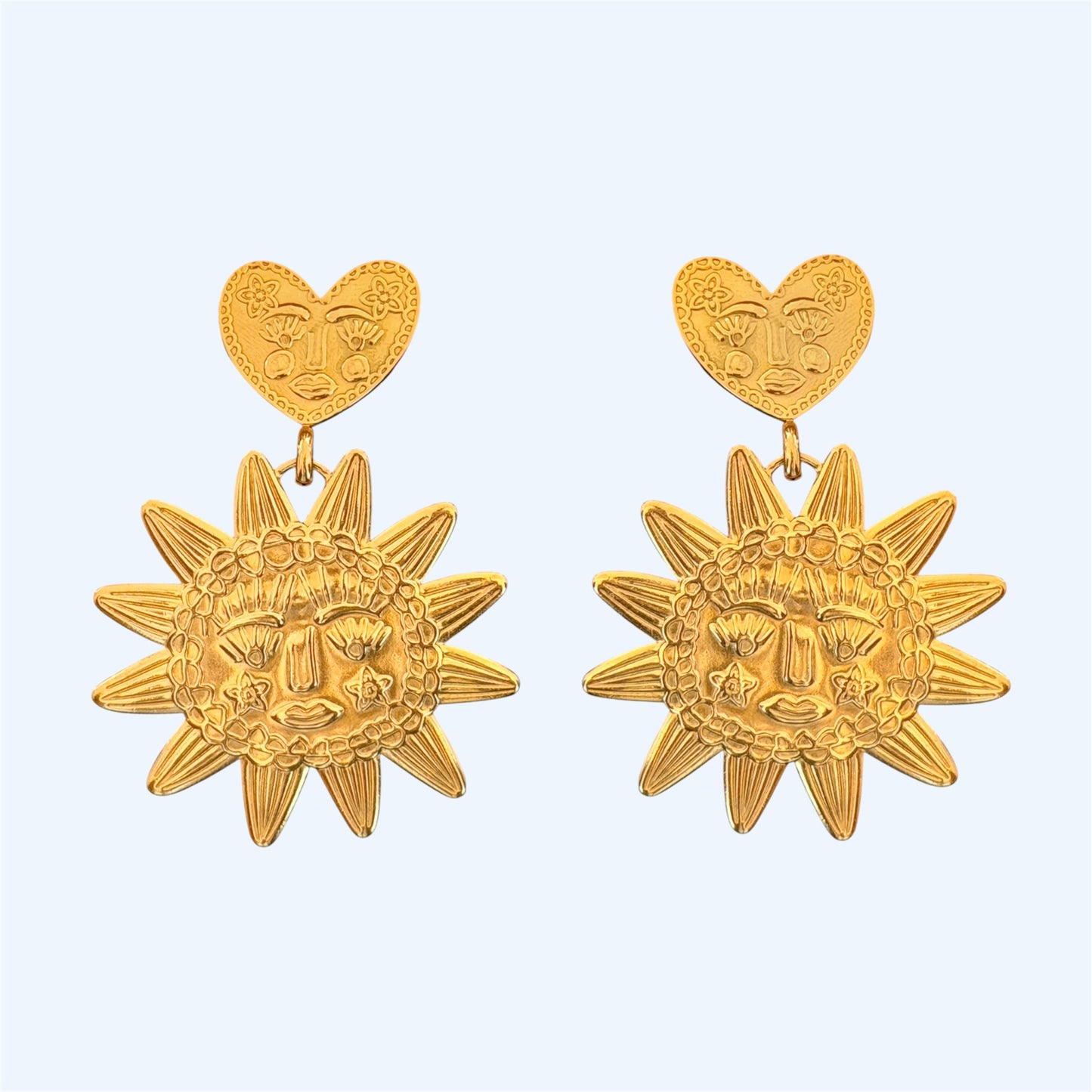 LARGE GOLD-PLATED BOHO SUN AND HEART EARRINGS
