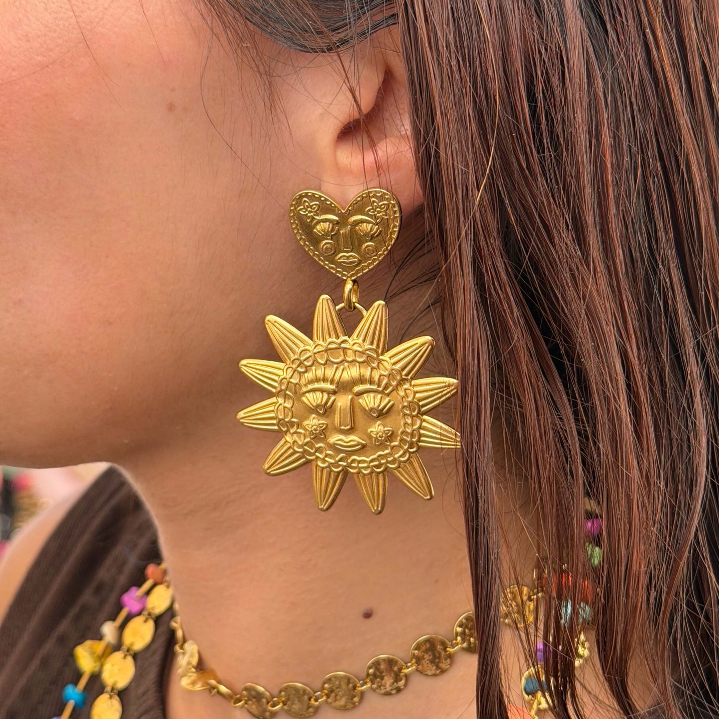 LARGE GOLD-PLATED BOHO SUN AND HEART EARRINGS