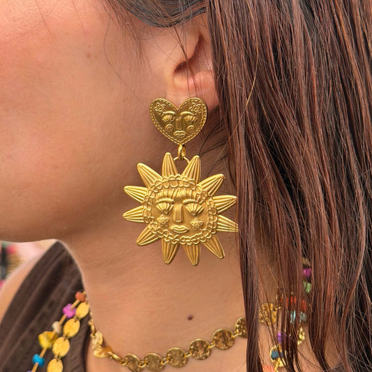 LARGE GOLD-PLATED BOHO SUN AND HEART EARRINGS