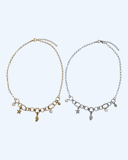 COLAR EM AÇO COM BÚZIO, PÉROLAS E ESTRELAS-DO-MAR