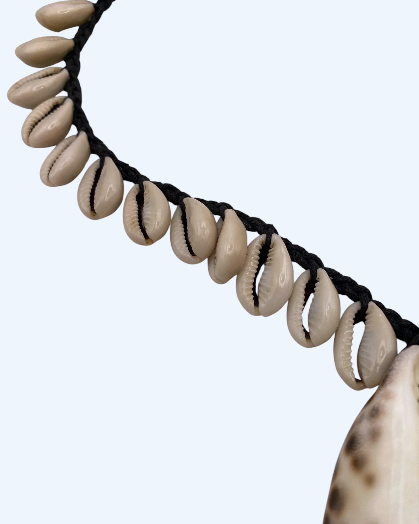 Detalhes do colar boho com búzios cauri e búzio grande tigre naturais em cordão entrançado preto ajustável.