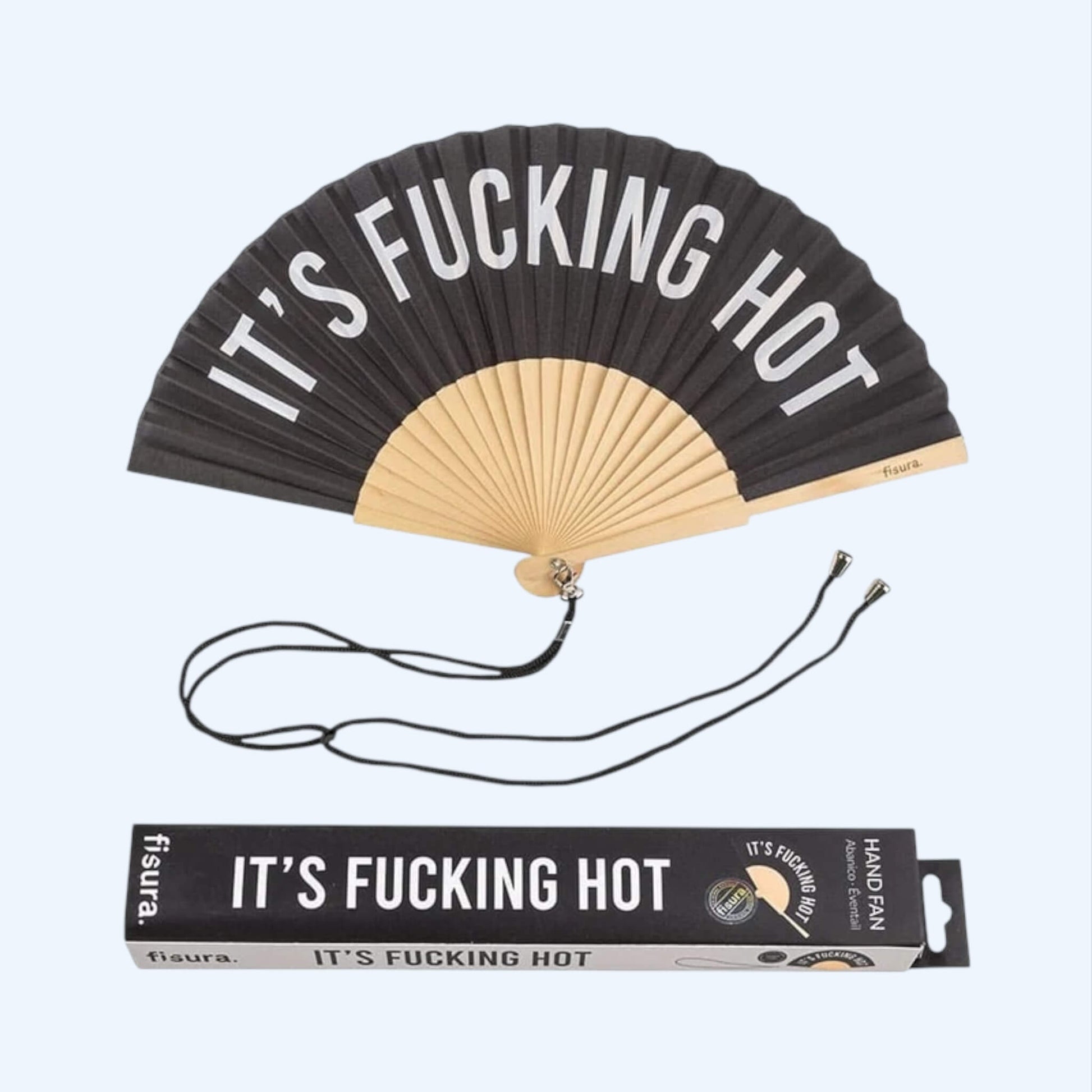 Vista do Leque preto fisura com frase "IT'S FUCKING HOT" com o packaging.