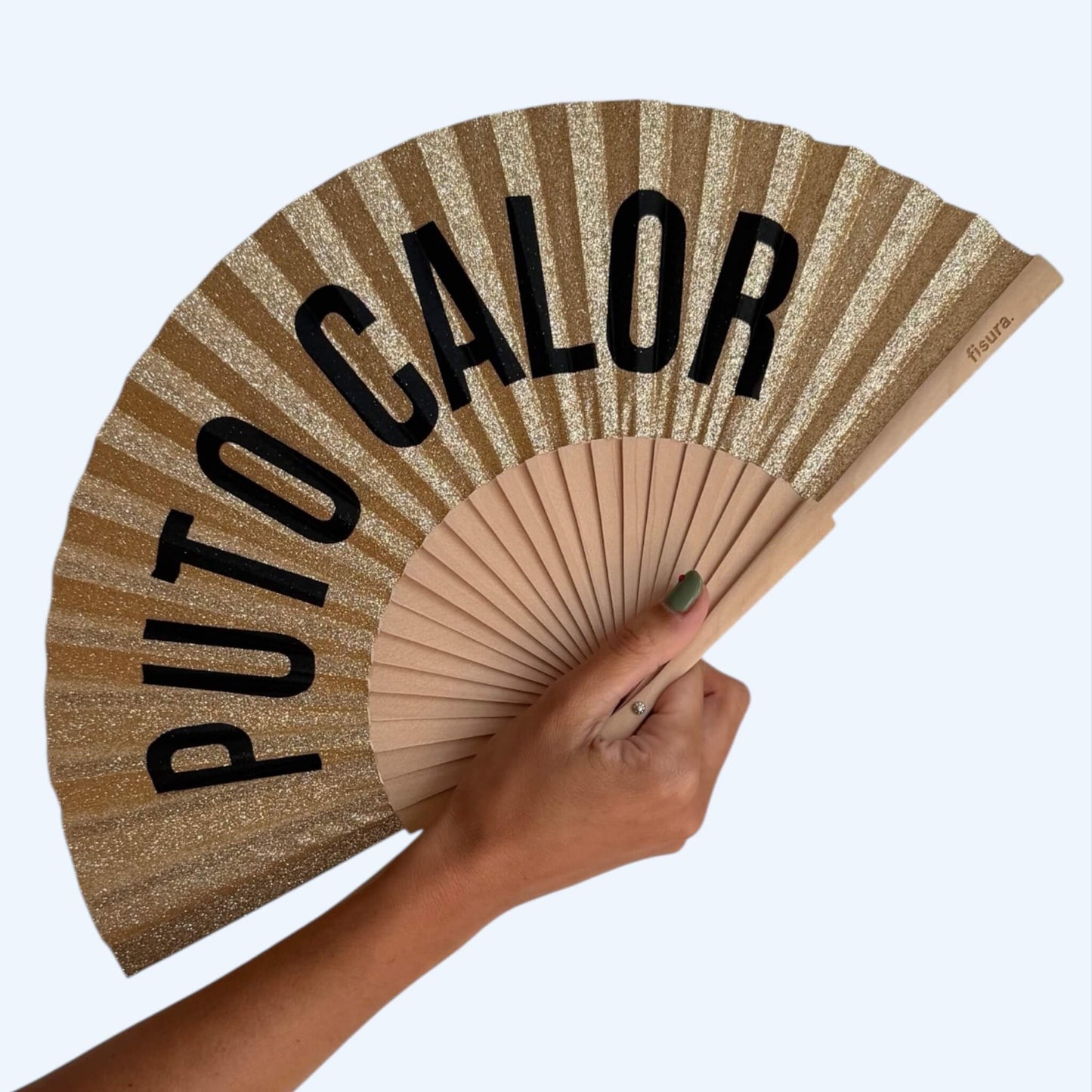 Vista a ser usado na mão do Leque dourado com glitter fisura com frase "PUTO CALOR".