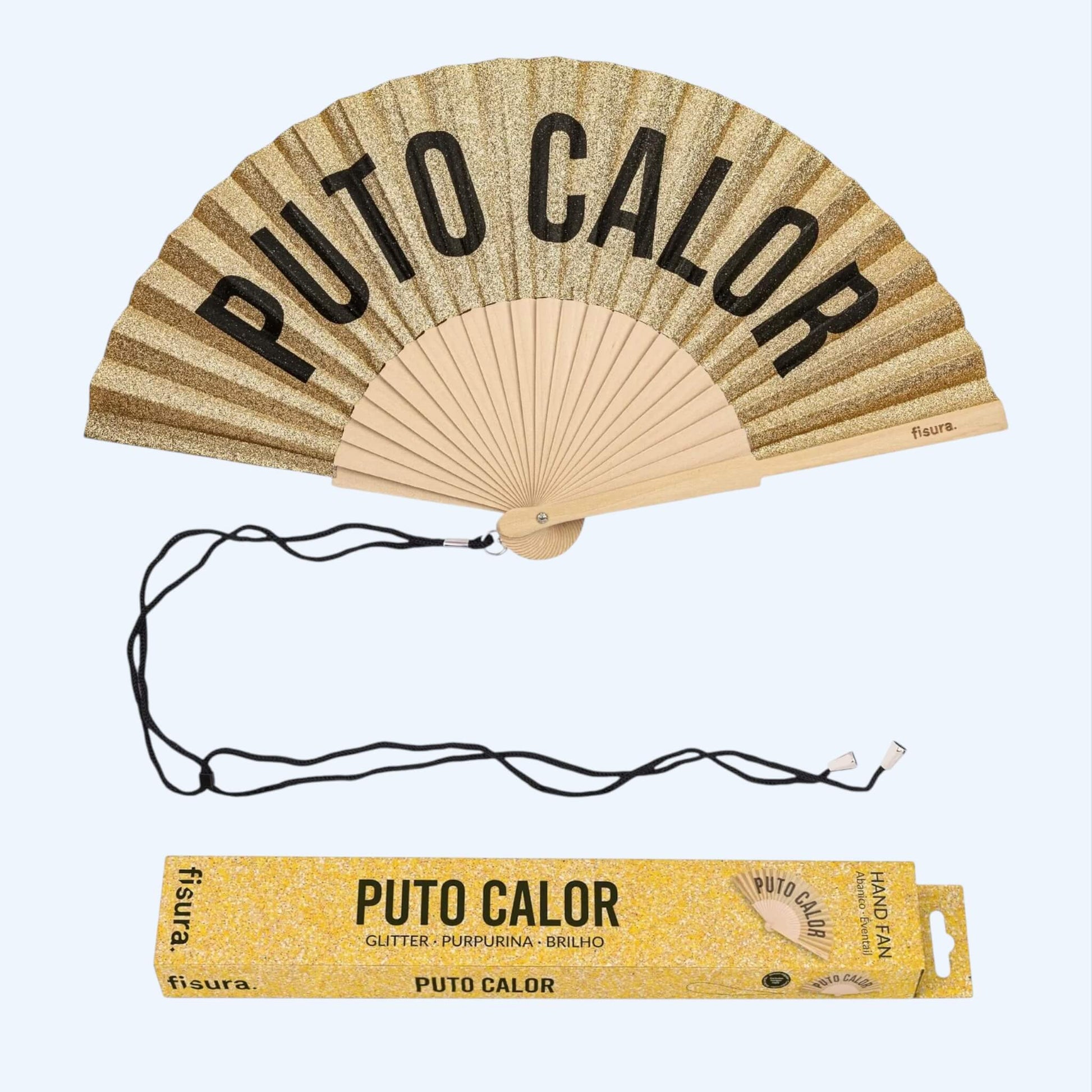 Vista do Leque dourado com glitter fisura com frase "PUTO CALOR" com packaging.