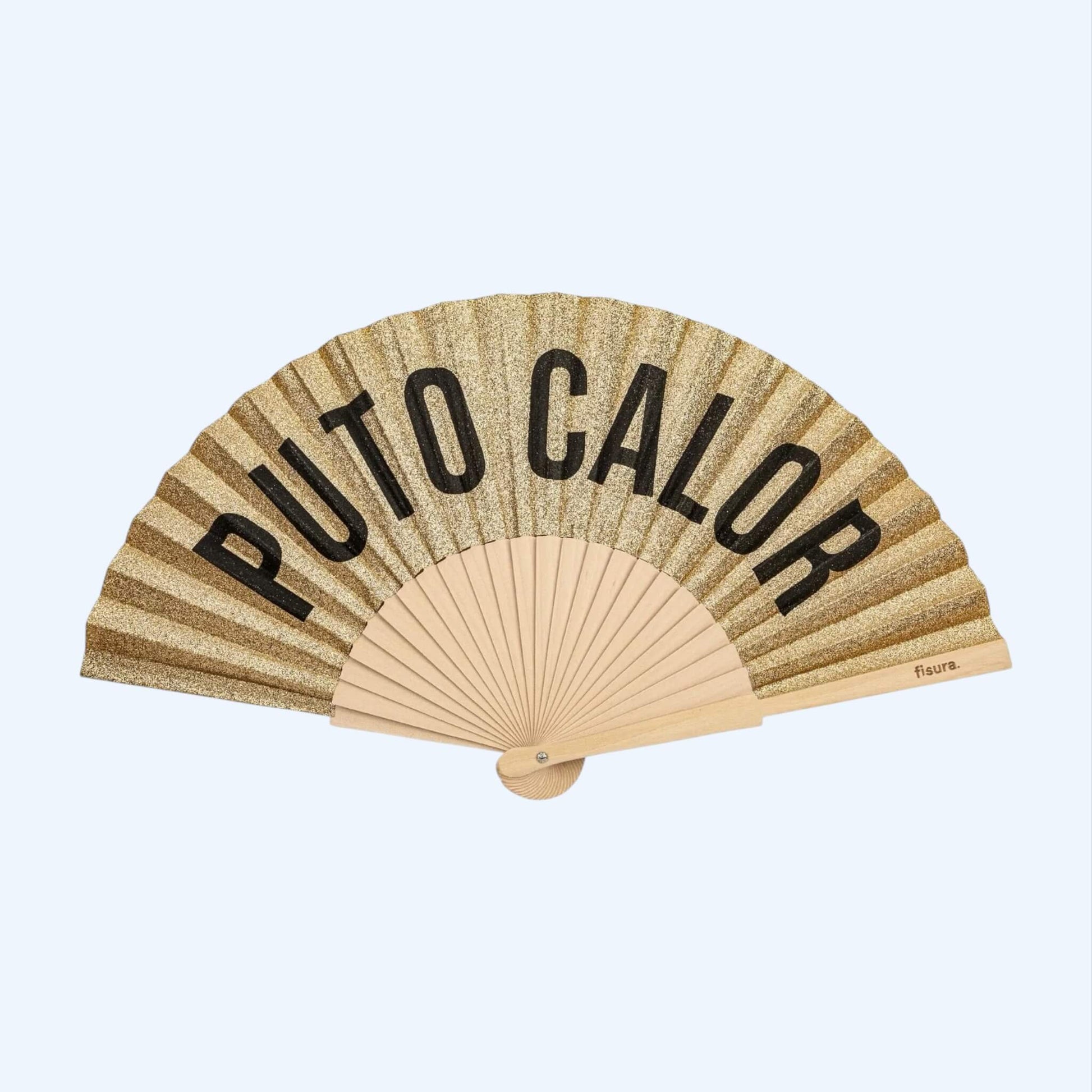 Vista frontal do Leque dourado com glitter fisura com frase "PUTO CALOR".