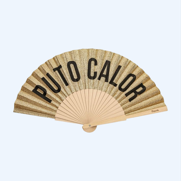 Vista frontal do Leque dourado com glitter fisura com frase "PUTO CALOR".
