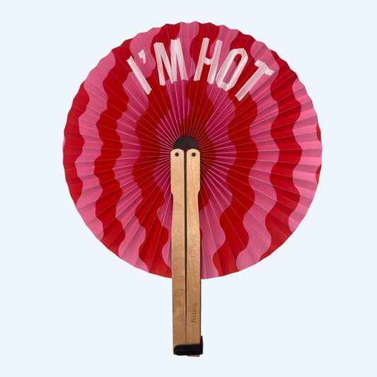 leque pai pai cor de rosa com frase "I'M HOT". Leque para o verão, festas, cerimónias, sunsets e festivais.