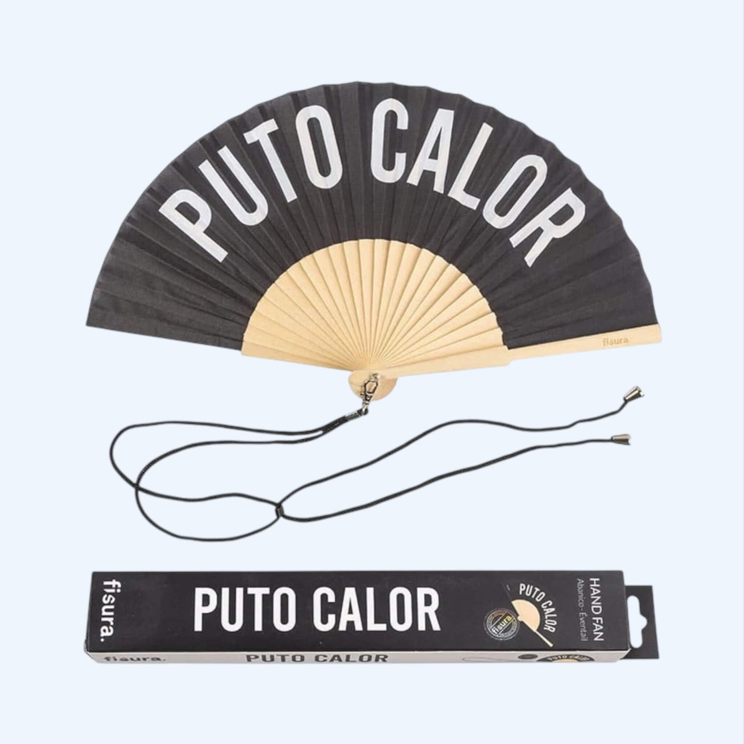 Vista do Leque Preto fisura com frase "PUTO CALOR" com o packaging.