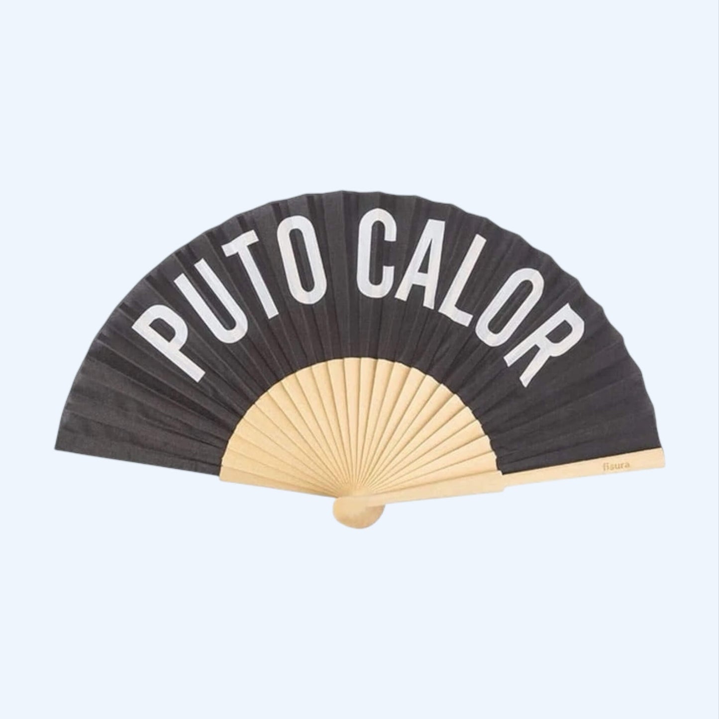Vista frontal do Leque Preto fisura com frase "PUTO CALOR".