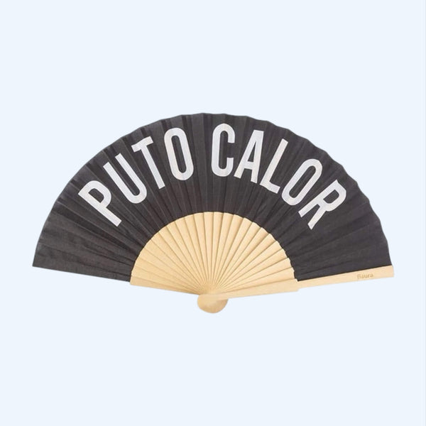 Vista frontal do Leque Preto fisura com frase "PUTO CALOR".
