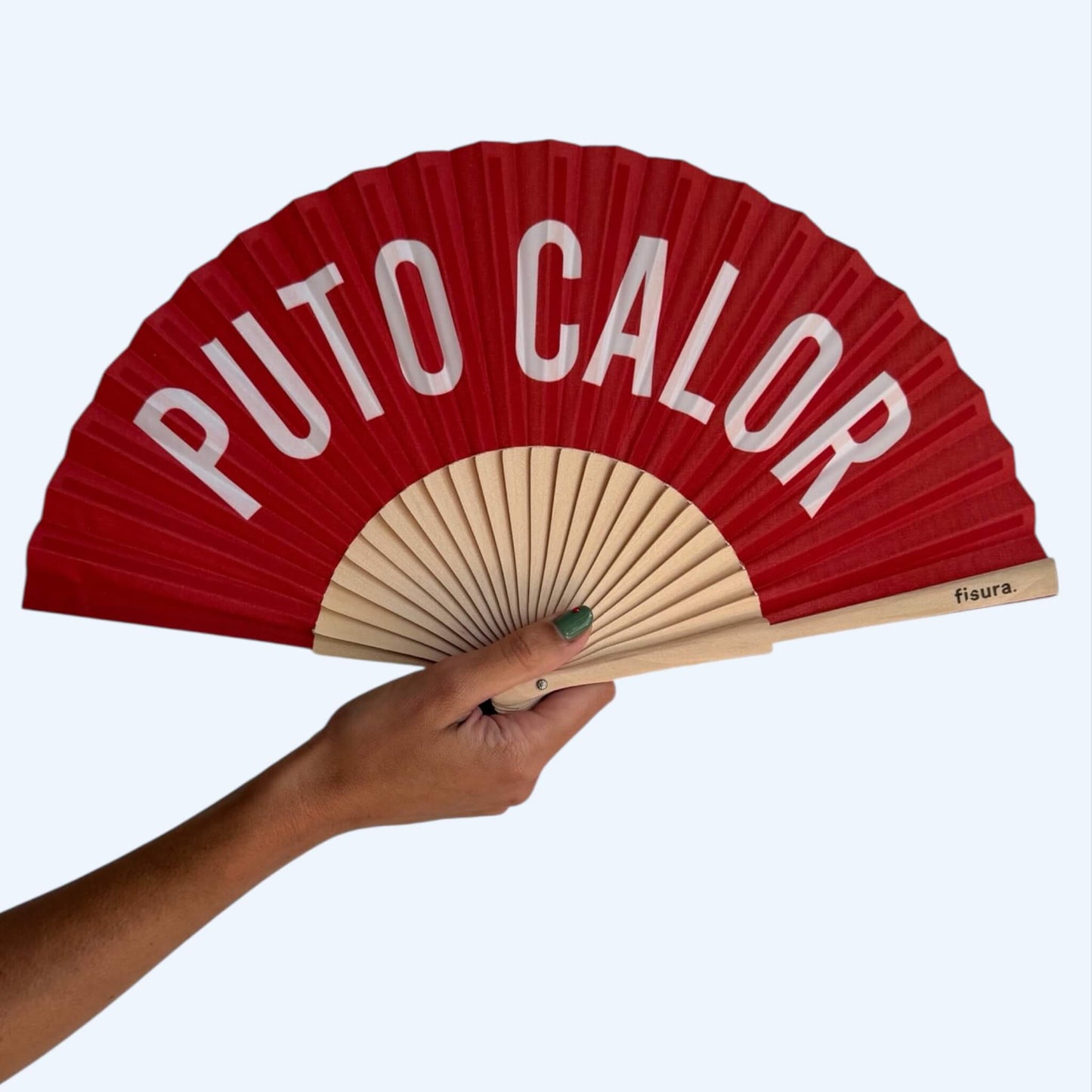 Vista a ser usado na mão do Leque vermelho fisura com frase "PUTO CALOR".
