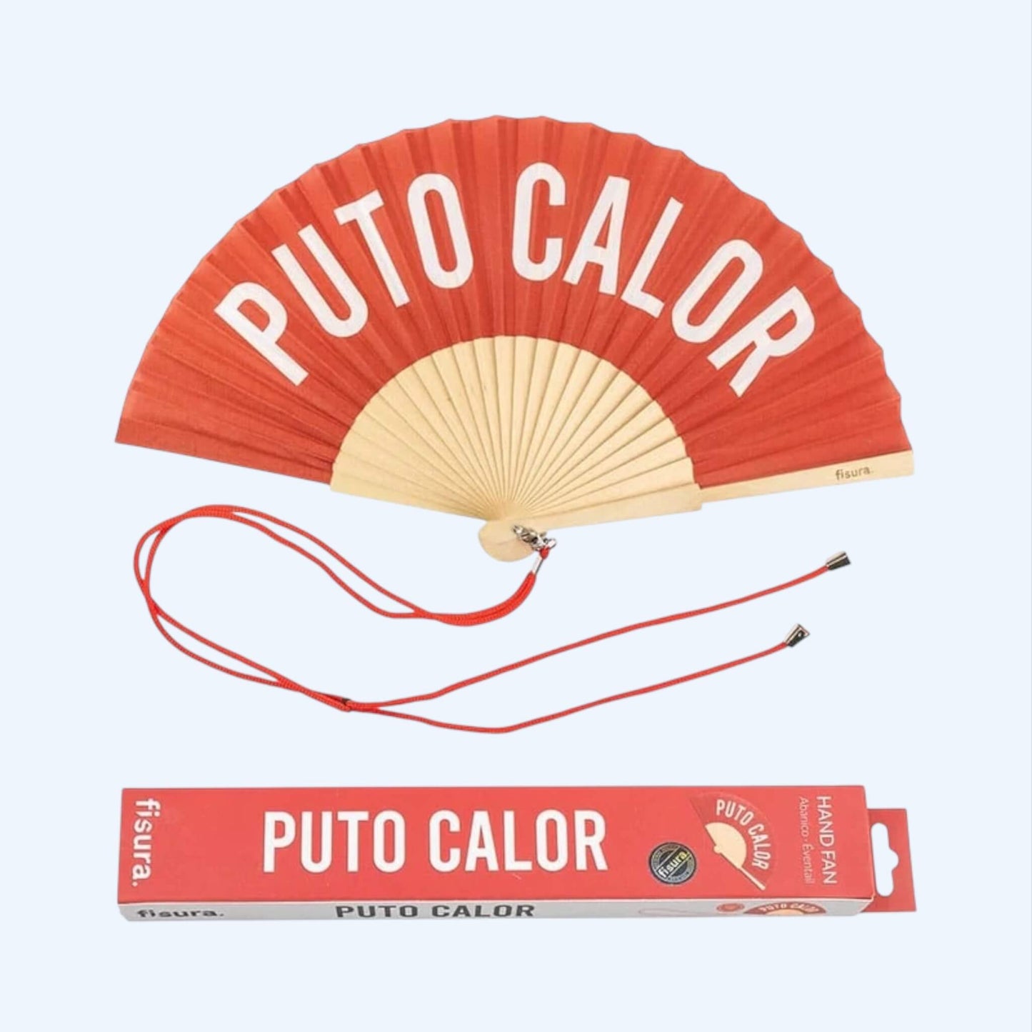 Vista do Leque vermelho fisura com frase "PUTO CALOR" com o packaging.