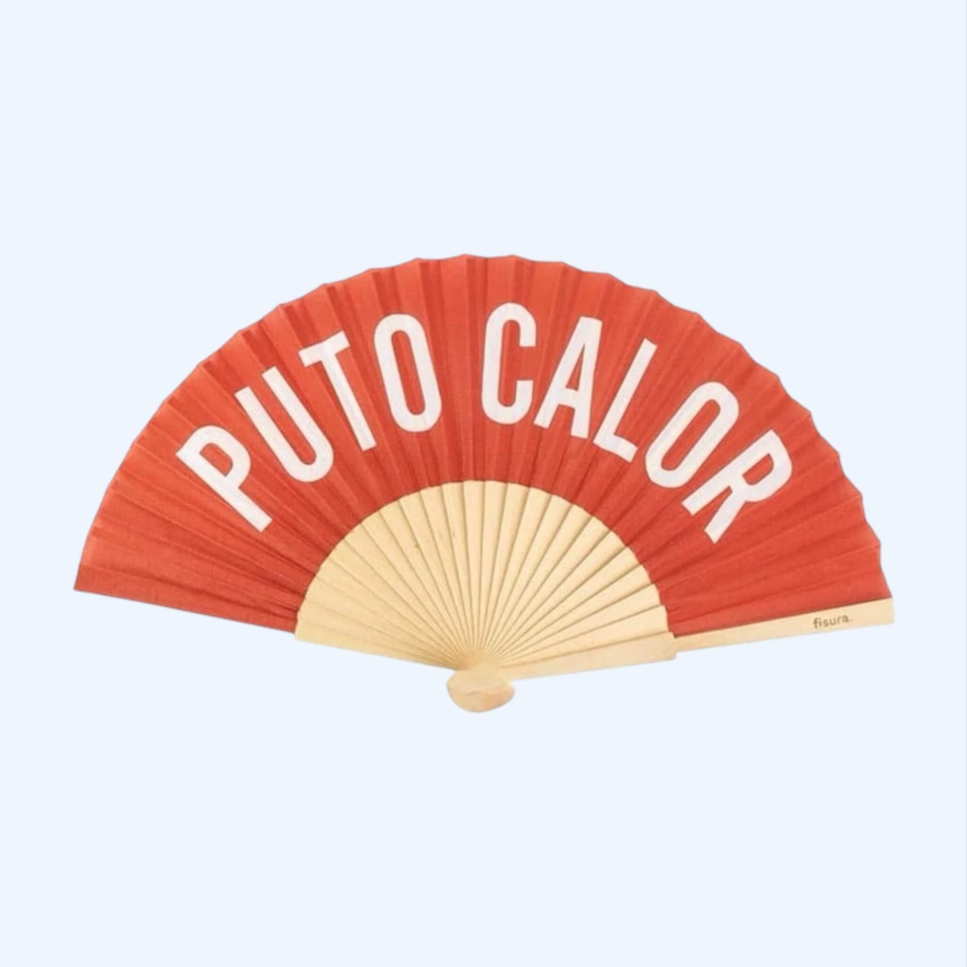 Visto frontal do Leque vermelho fisura com frase "PUTO CALOR".