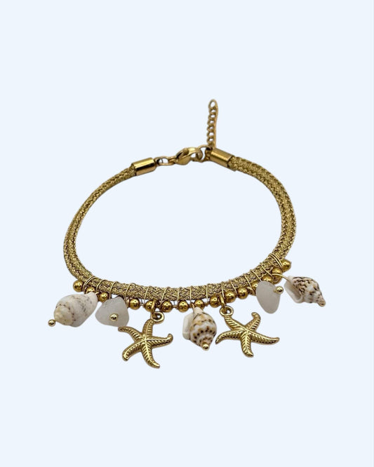 PULSEIRA COM CORDÃO METALIZADO BÚZIOS E ESTRELA-DO-MAR
