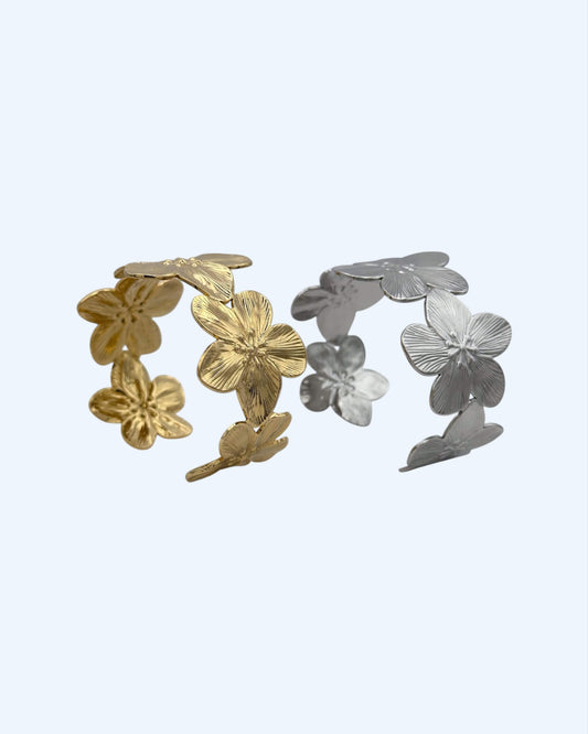 PULSEIRA RÍGIDA FLORES DOURADA OU PRATEADA EM AÇO