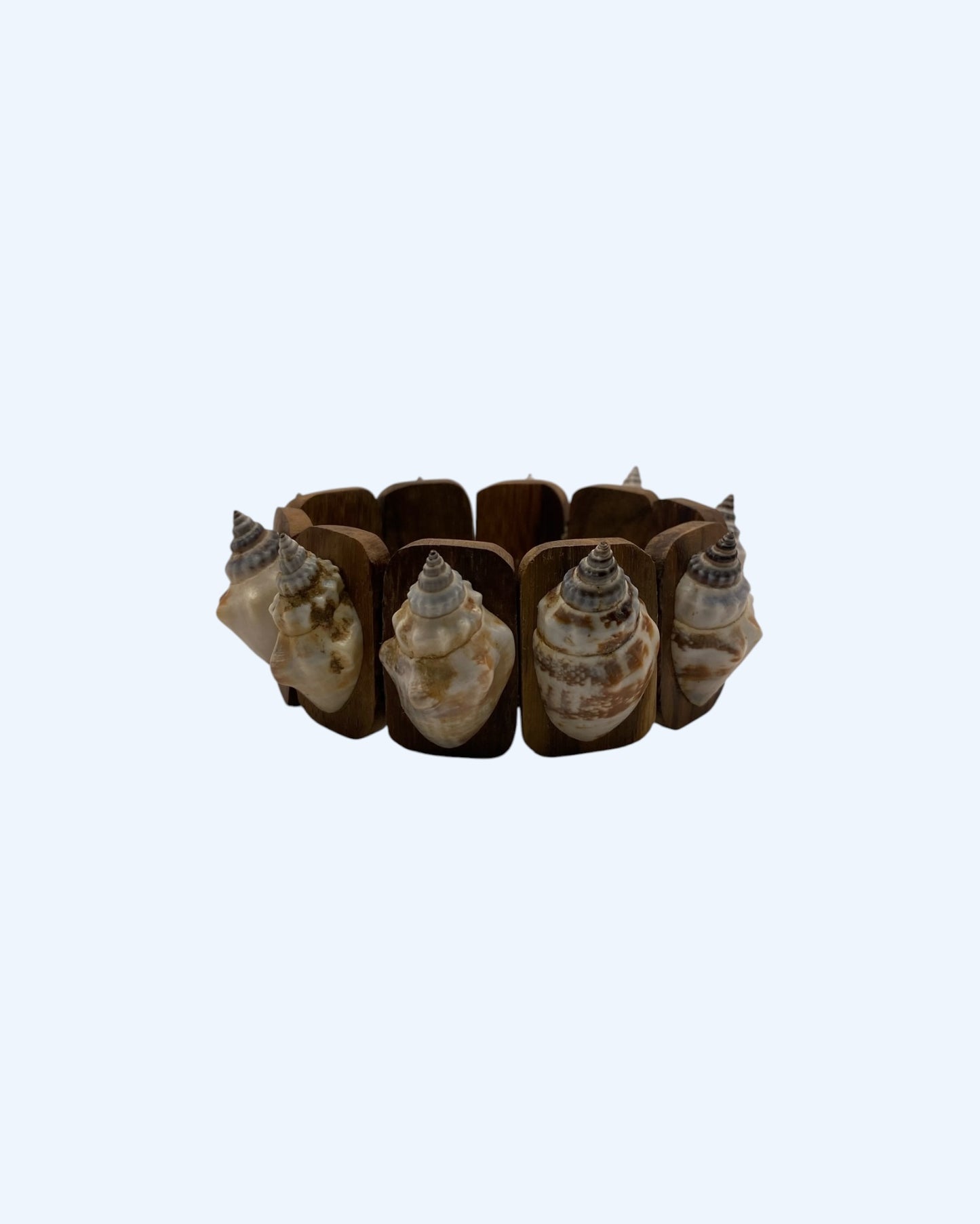 Detalhe da Pulseira elástica artesanal em madeira com conchas naturais. Uma pulseira de verão, para o dia a dia ou festas, modelo perfeito para usar sozinho ou misturar com outras pulseiras.