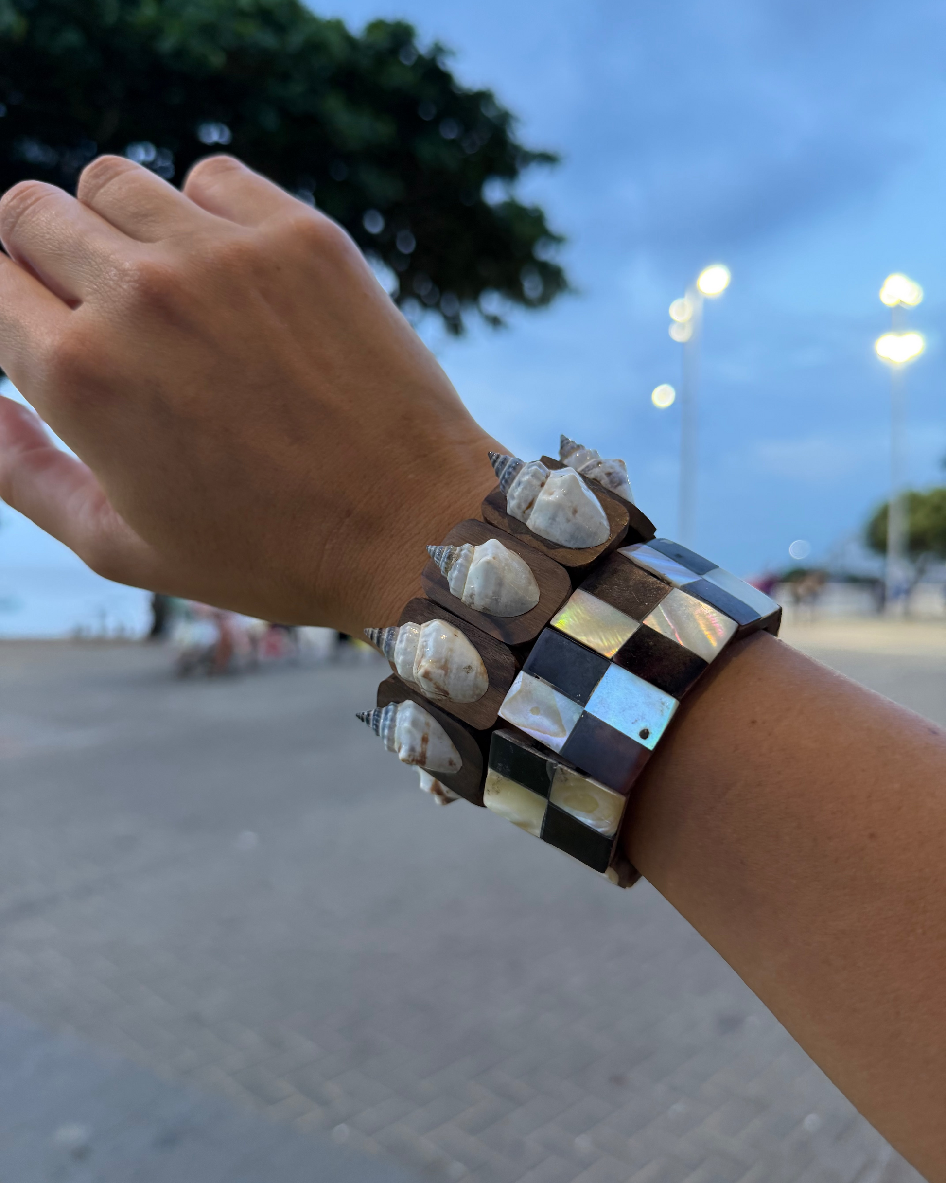 Conjunto da pulseira xadrez natural e da pulseira com búzios naturais.
